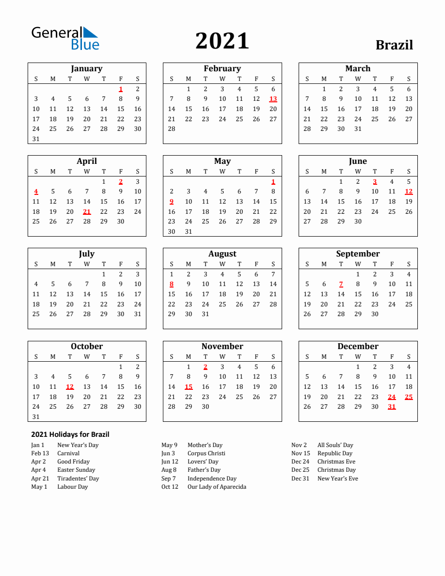 Free Printable 2021 Brazil Holiday Calendar