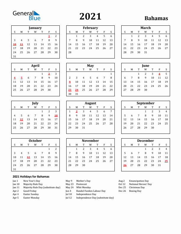 2021 Bahamas Holiday Calendar - Sunday Start