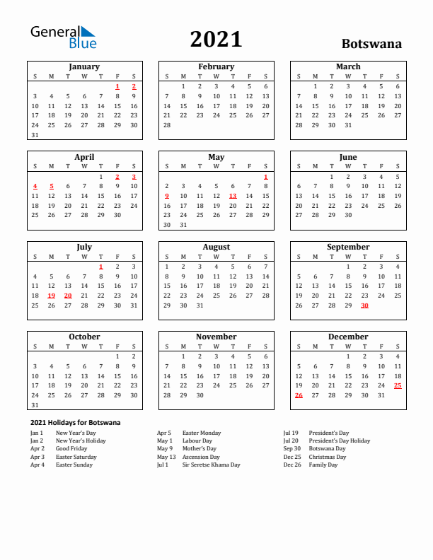 2021 Botswana Holiday Calendar - Sunday Start