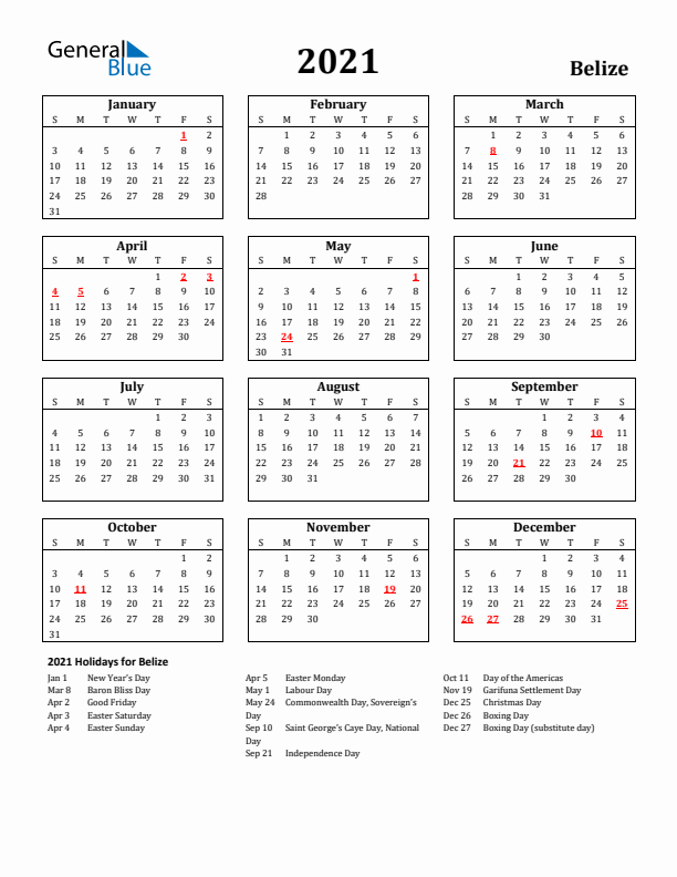 2021 Belize Holiday Calendar - Sunday Start