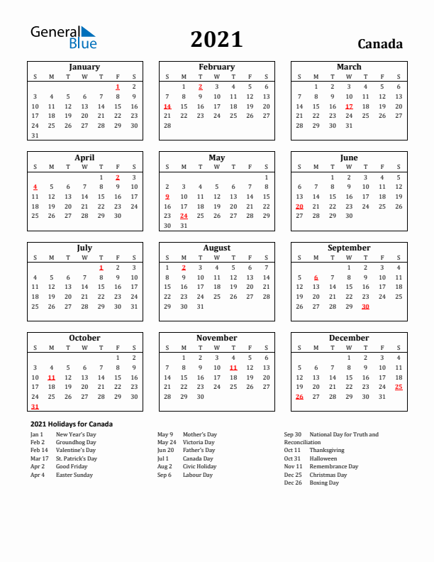 2021 Canada Holiday Calendar - Sunday Start