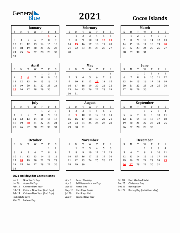 2021 Cocos Islands Holiday Calendar - Sunday Start