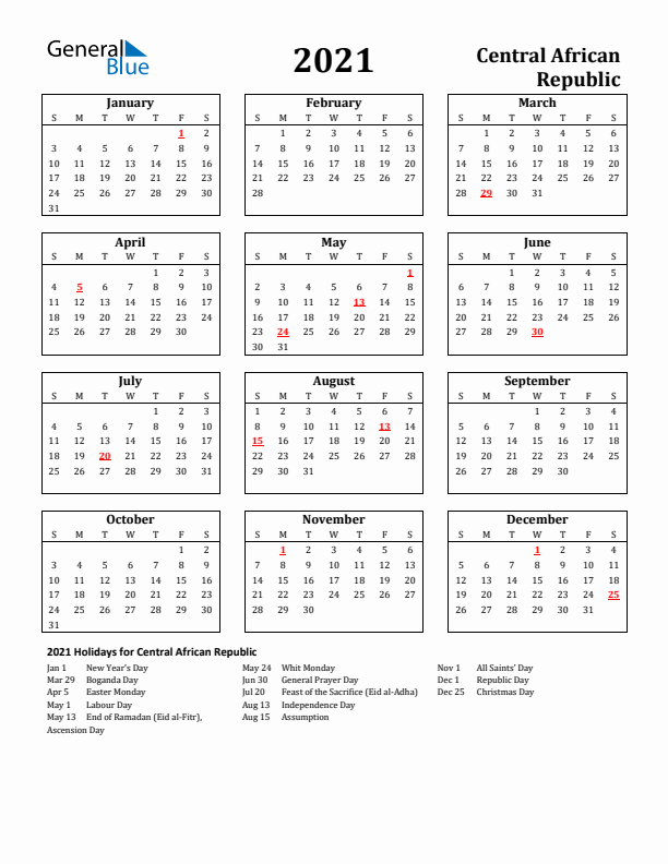 2021 Central African Republic Holiday Calendar - Sunday Start