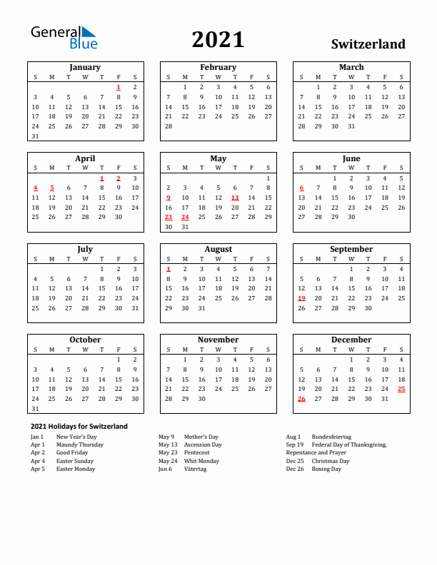 2021 Switzerland Holiday Calendar - Sunday Start
