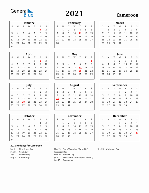 2021 Cameroon Holiday Calendar - Sunday Start