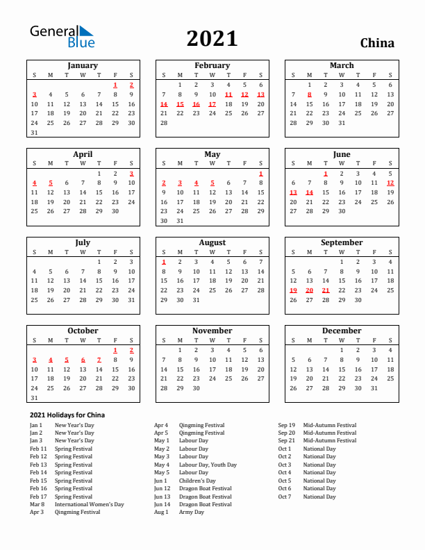 2021 China Holiday Calendar - Sunday Start