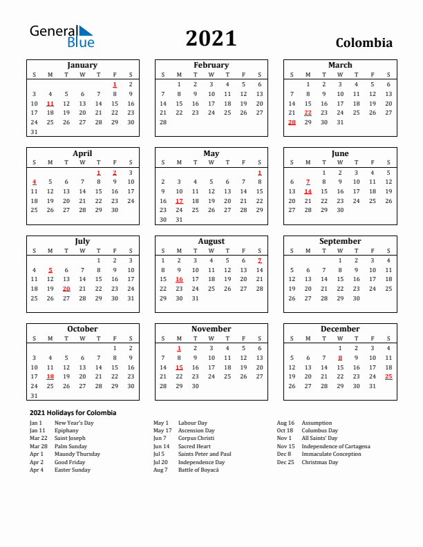 2021 Colombia Holiday Calendar - Sunday Start