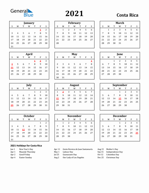2021 Costa Rica Holiday Calendar - Sunday Start