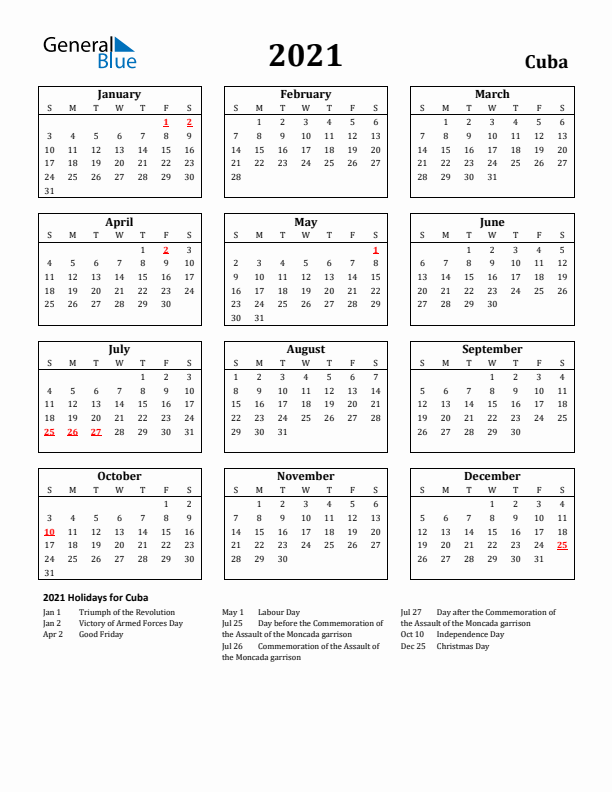 2021 Cuba Holiday Calendar - Sunday Start