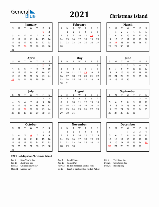 2021 Christmas Island Holiday Calendar - Sunday Start