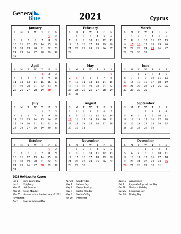 2021 Cyprus Holiday Calendar - Sunday Start