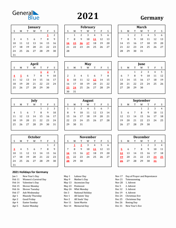 2021 Germany Holiday Calendar - Sunday Start