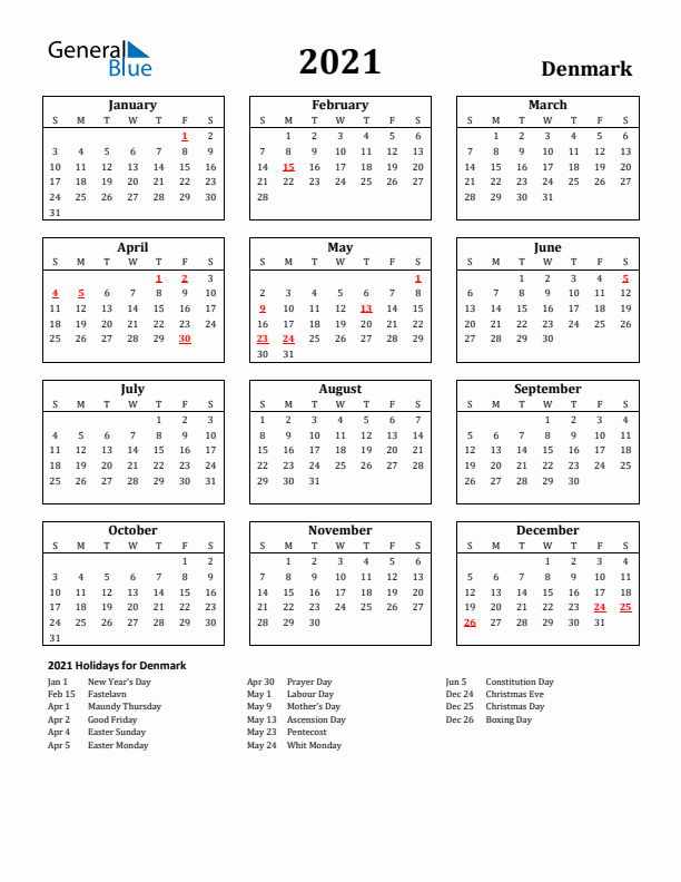 2021 Denmark Holiday Calendar - Sunday Start