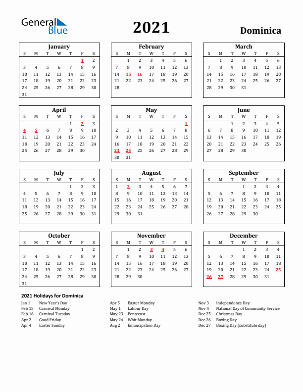 2021 Dominica Holiday Calendar - Sunday Start