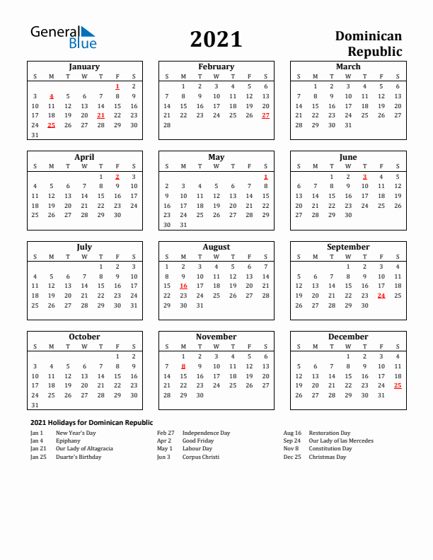 2021 Dominican Republic Holiday Calendar - Sunday Start