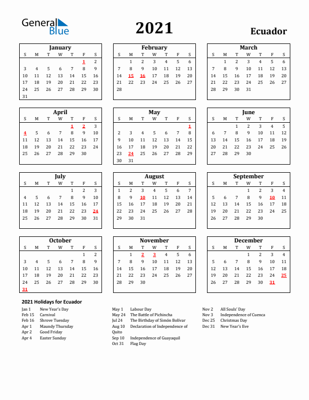 2021 Ecuador Holiday Calendar - Sunday Start