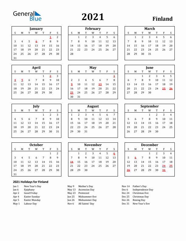 2021 Finland Holiday Calendar - Sunday Start