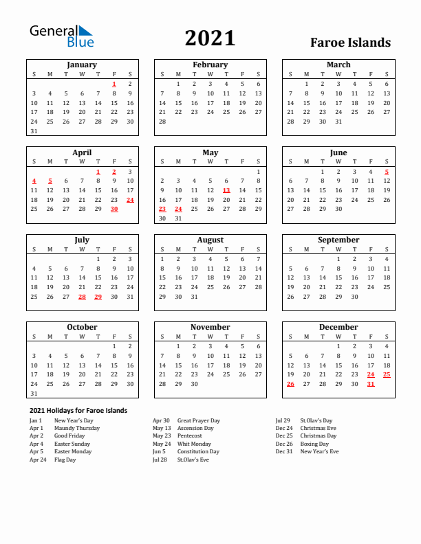 2021 Faroe Islands Holiday Calendar - Sunday Start