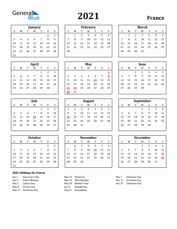 2021 France Holiday Calendar - Sunday Start