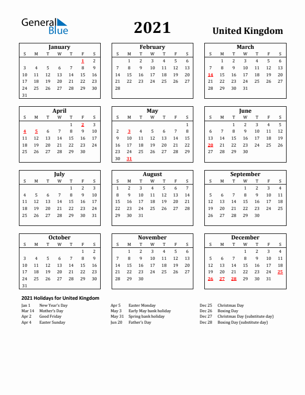2021 United Kingdom Holiday Calendar - Sunday Start