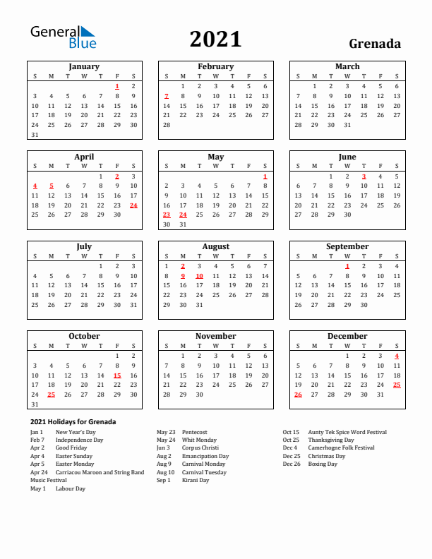 2021 Grenada Holiday Calendar - Sunday Start
