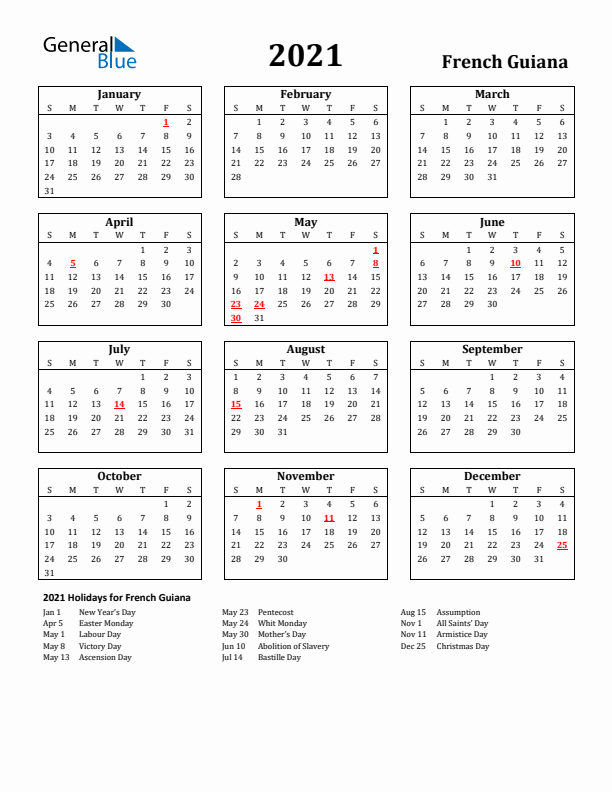 2021 French Guiana Holiday Calendar - Sunday Start