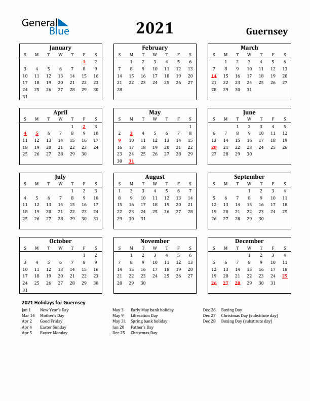 2021 Guernsey Holiday Calendar - Sunday Start