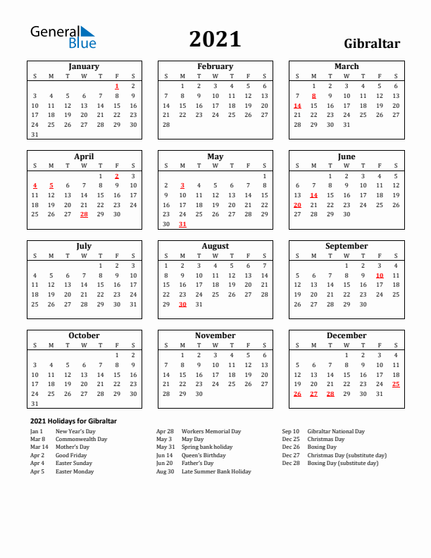 2021 Gibraltar Holiday Calendar - Sunday Start