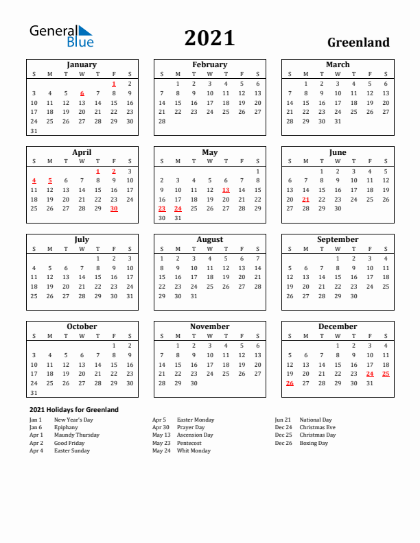 2021 Greenland Holiday Calendar - Sunday Start