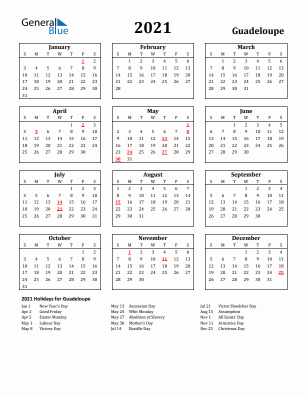 2021 Guadeloupe Holiday Calendar - Sunday Start