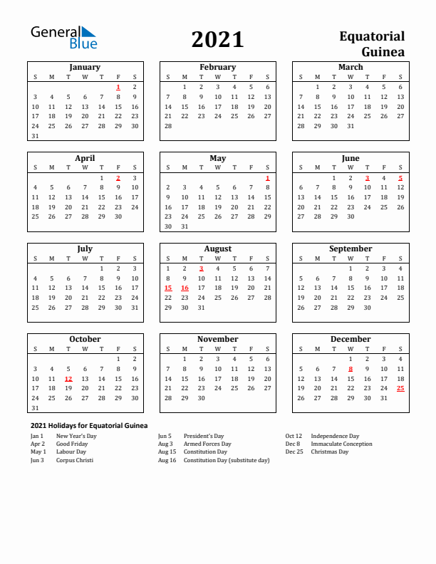2021 Equatorial Guinea Holiday Calendar - Sunday Start