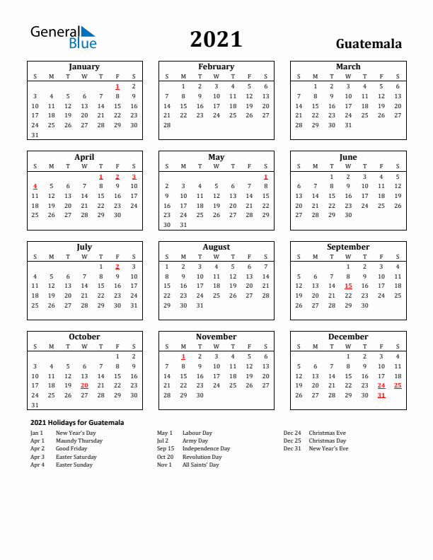 2021 Guatemala Holiday Calendar - Sunday Start