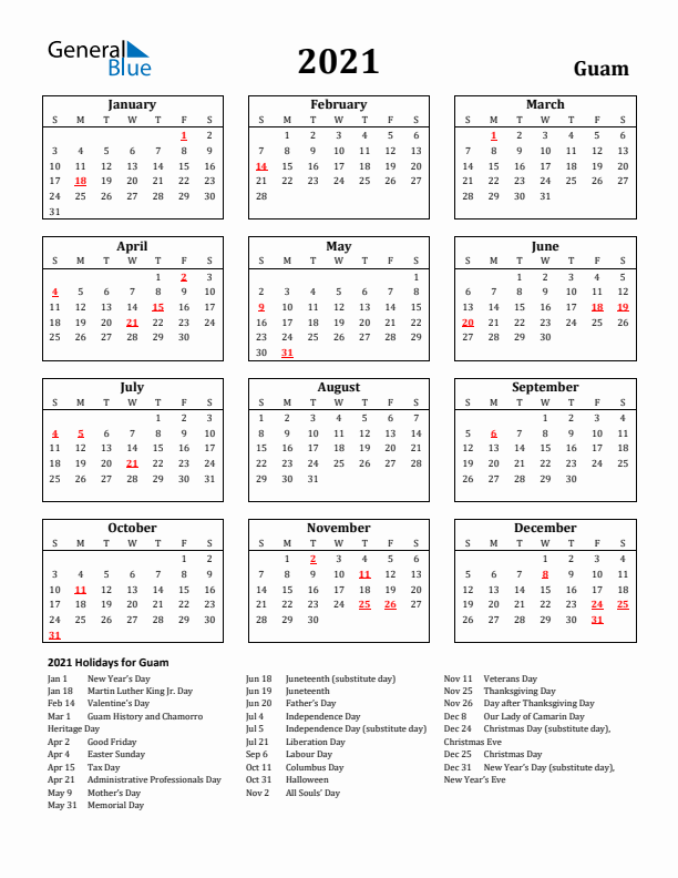 2021 Guam Holiday Calendar - Sunday Start