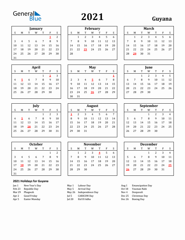 2021 Guyana Holiday Calendar - Sunday Start