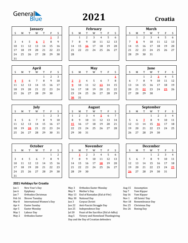 2021 Croatia Holiday Calendar - Sunday Start
