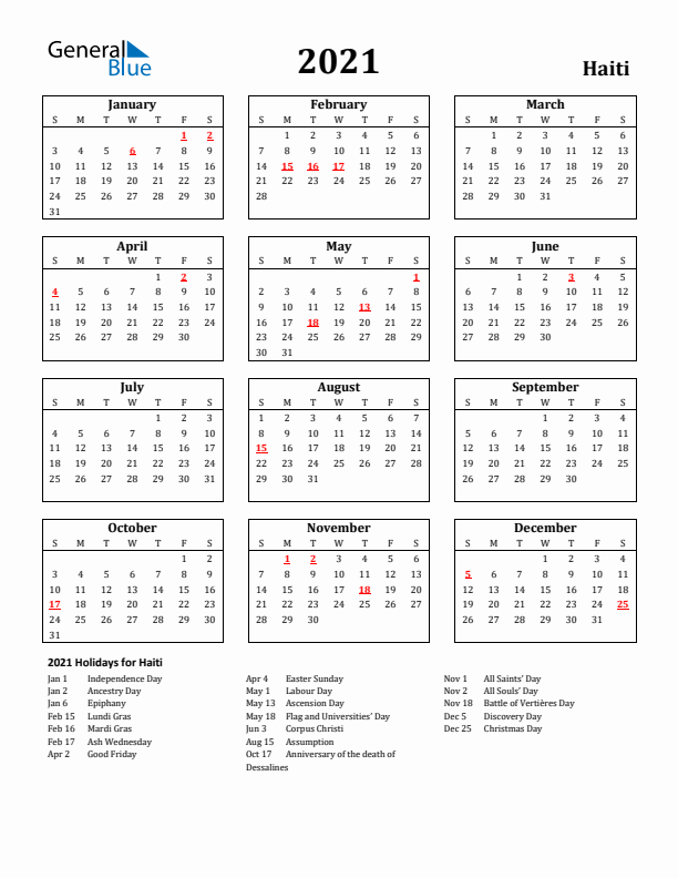2021 Haiti Holiday Calendar - Sunday Start