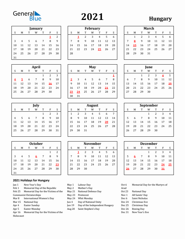 2021 Hungary Holiday Calendar - Sunday Start