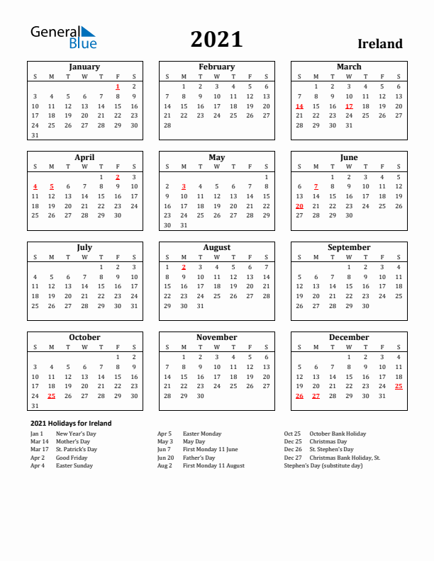 2021 Ireland Holiday Calendar - Sunday Start