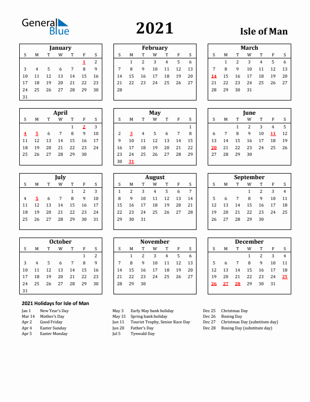 2021 Isle of Man Holiday Calendar - Sunday Start
