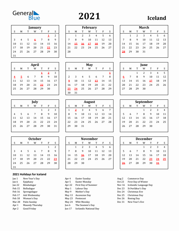 2021 Iceland Holiday Calendar - Sunday Start
