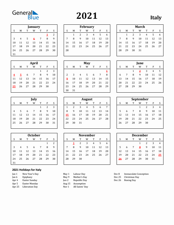 2021 Italy Holiday Calendar - Sunday Start