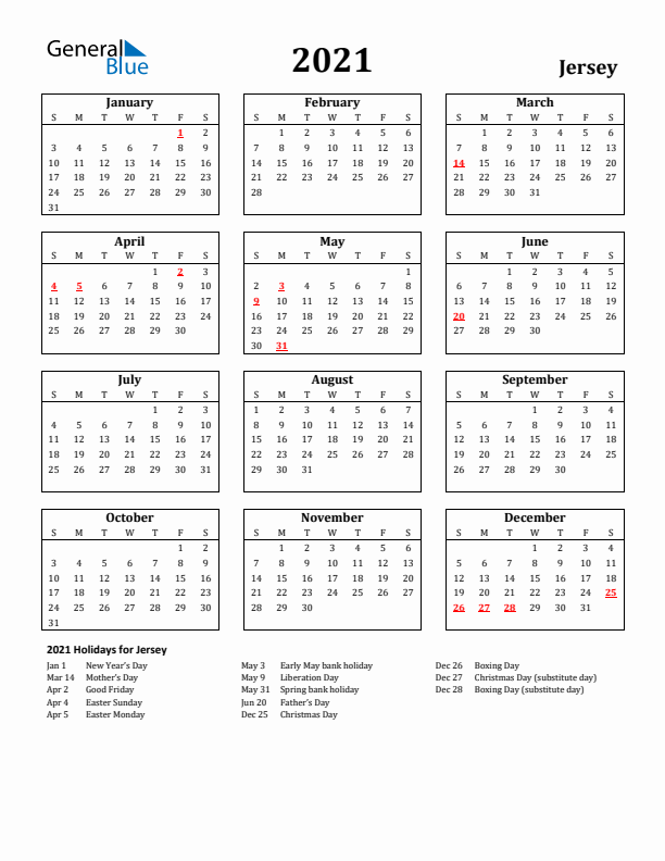 2021 Jersey Holiday Calendar - Sunday Start