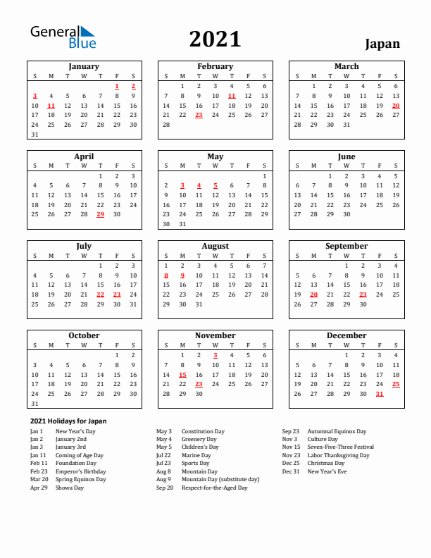 2021 Japan Calendar with Holidays