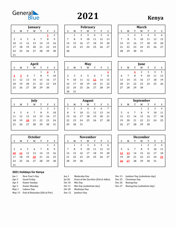 2021 Kenya Holiday Calendar - Sunday Start