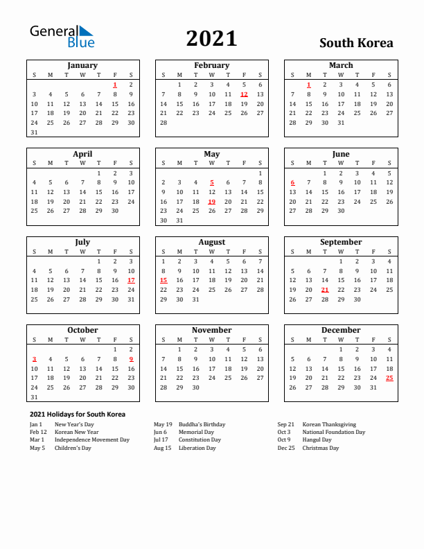 2021 South Korea Holiday Calendar - Sunday Start