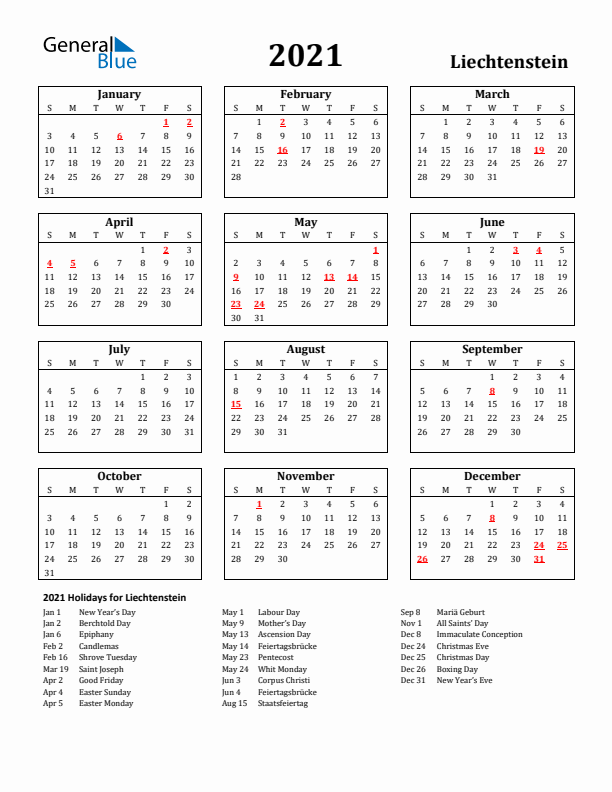 2021 Liechtenstein Holiday Calendar - Sunday Start