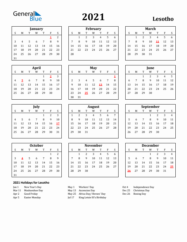 2021 Lesotho Holiday Calendar - Sunday Start