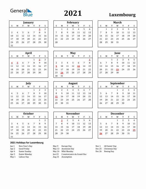 2021 Luxembourg Holiday Calendar - Sunday Start