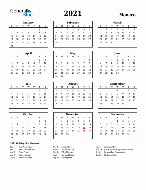 2021 Monaco Holiday Calendar - Sunday Start