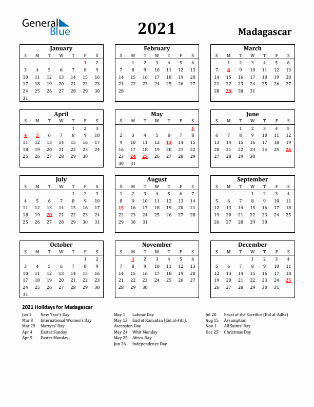2021 Madagascar Holiday Calendar - Sunday Start